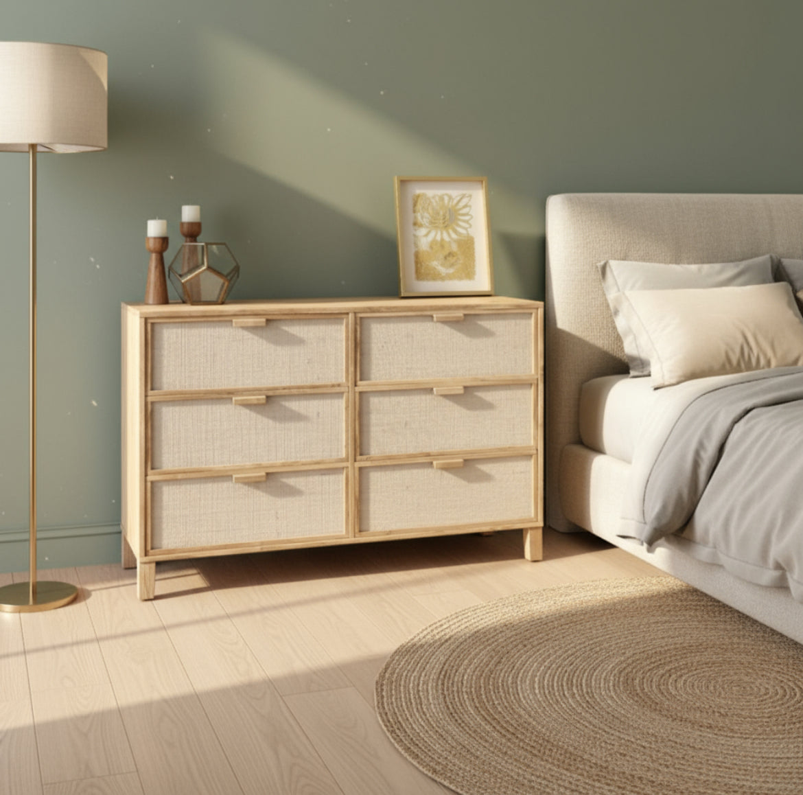 Comoda Aparador De Madera Y Fibras Naturales 6 Cajones