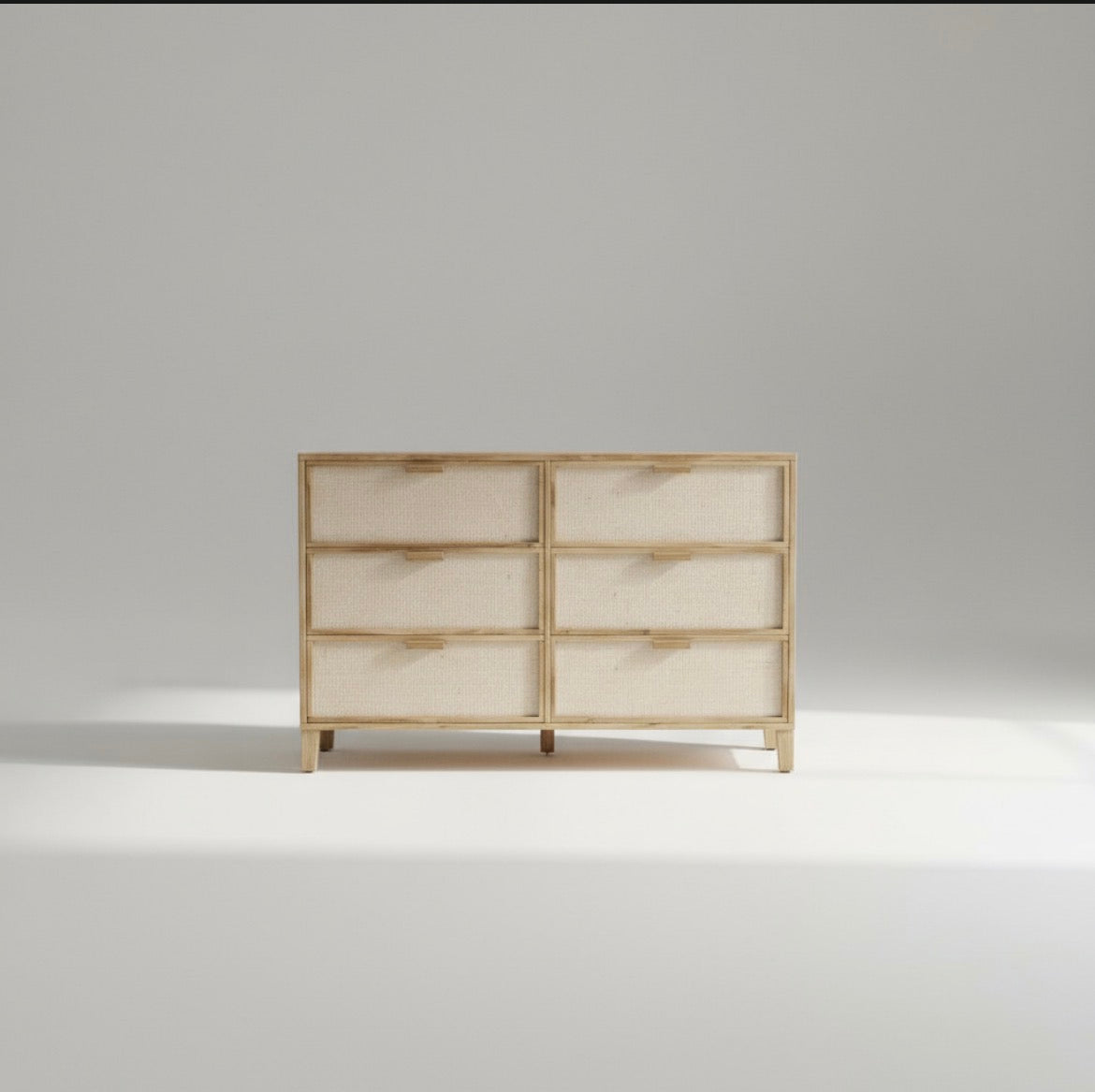 Comoda Aparador De Madera Y Fibras Naturales 6 Cajones