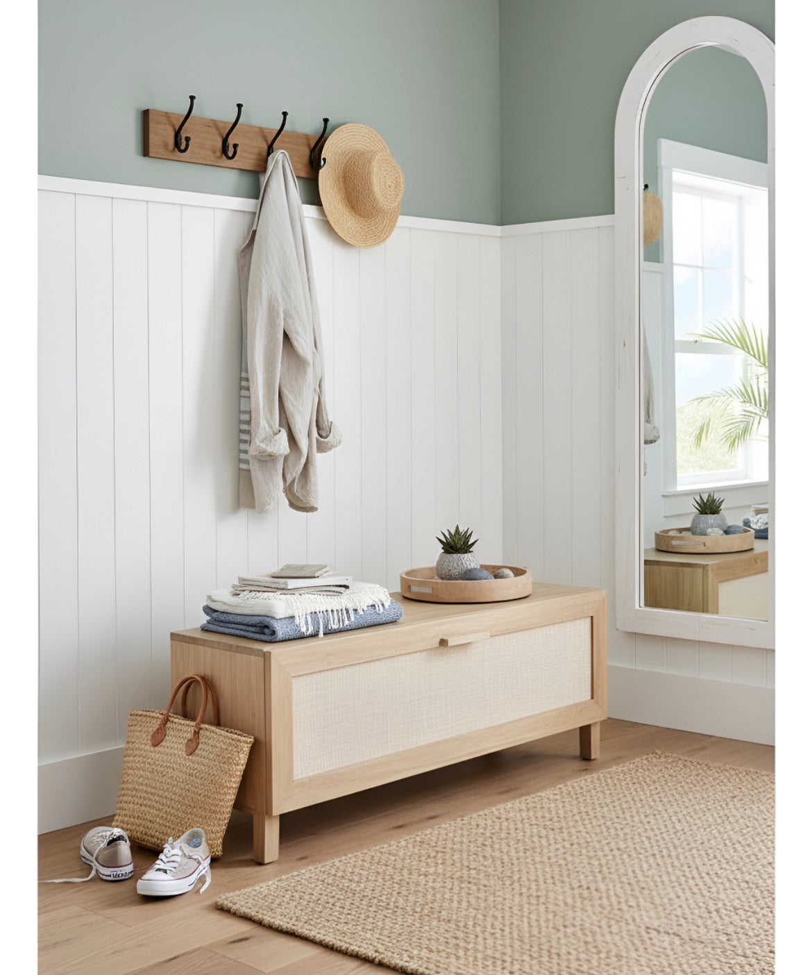 Zapatero Pie De Cama Madera Maciza Y Fibras Naturales