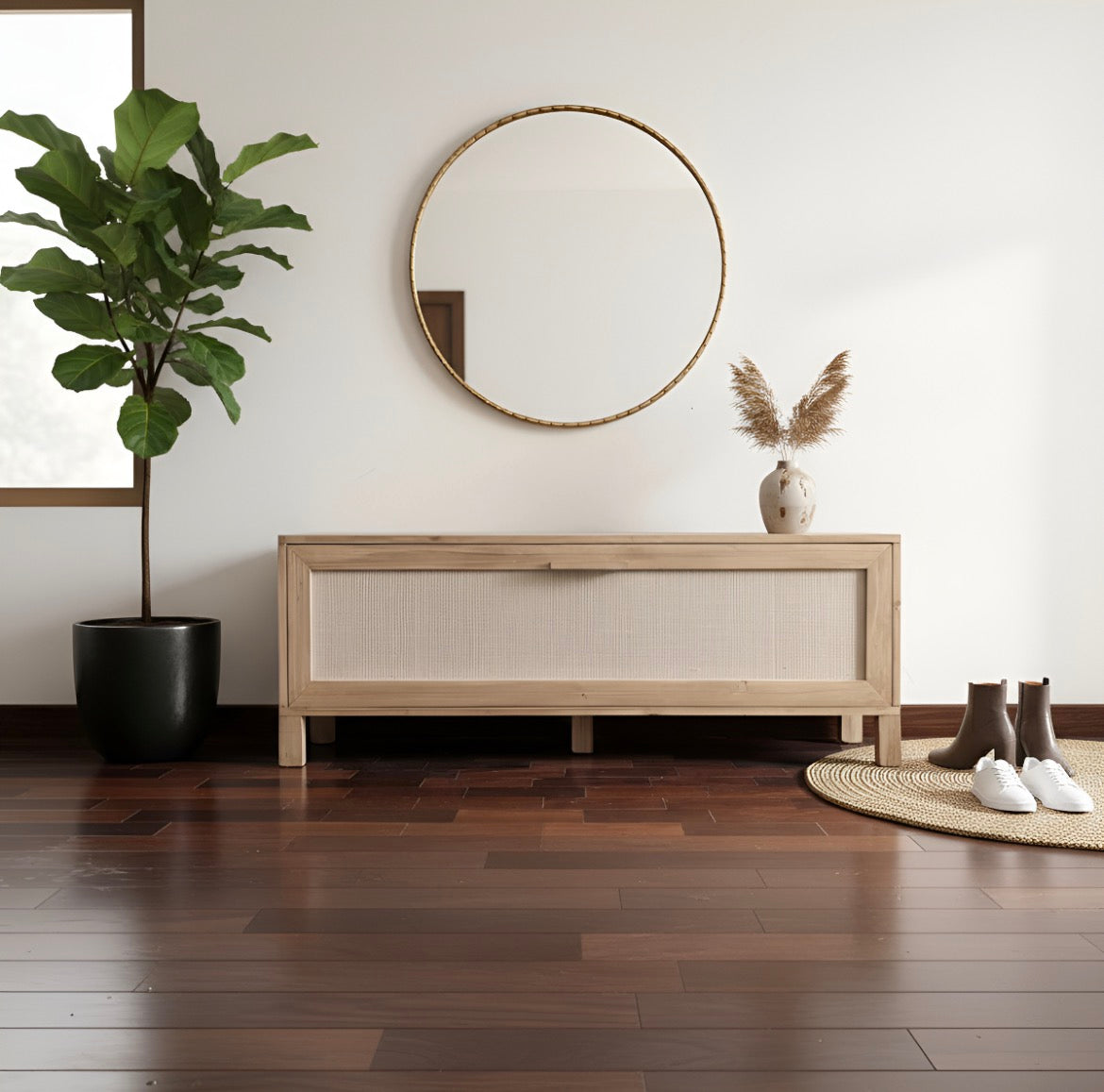 Zapatero Pie De Cama Madera Maciza Y Fibras Naturales