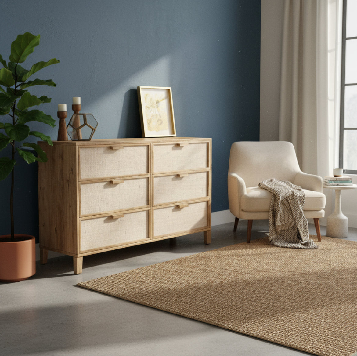 Comoda Aparador De Madera Y Fibras Naturales 6 Cajones