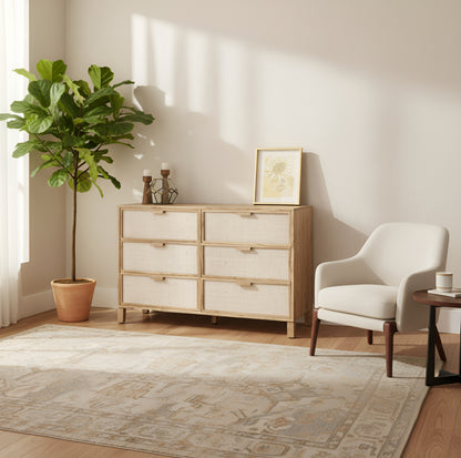 Comoda Aparador De Madera Y Fibras Naturales 6 Cajones