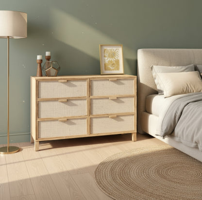 Comoda Aparador De Madera Y Fibras Naturales 6 Cajones