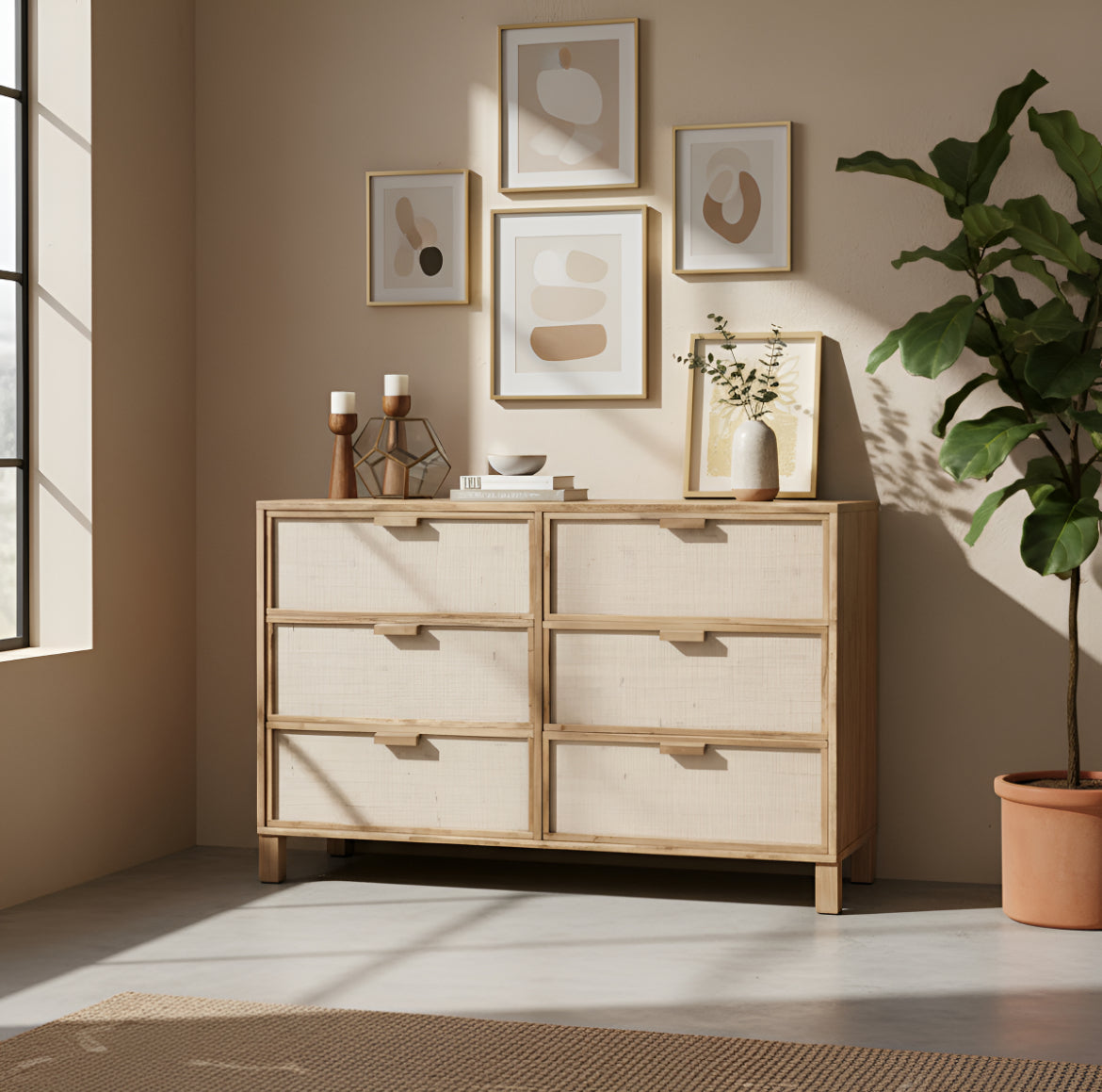 Comoda Aparador De Madera Y Fibras Naturales 6 Cajones