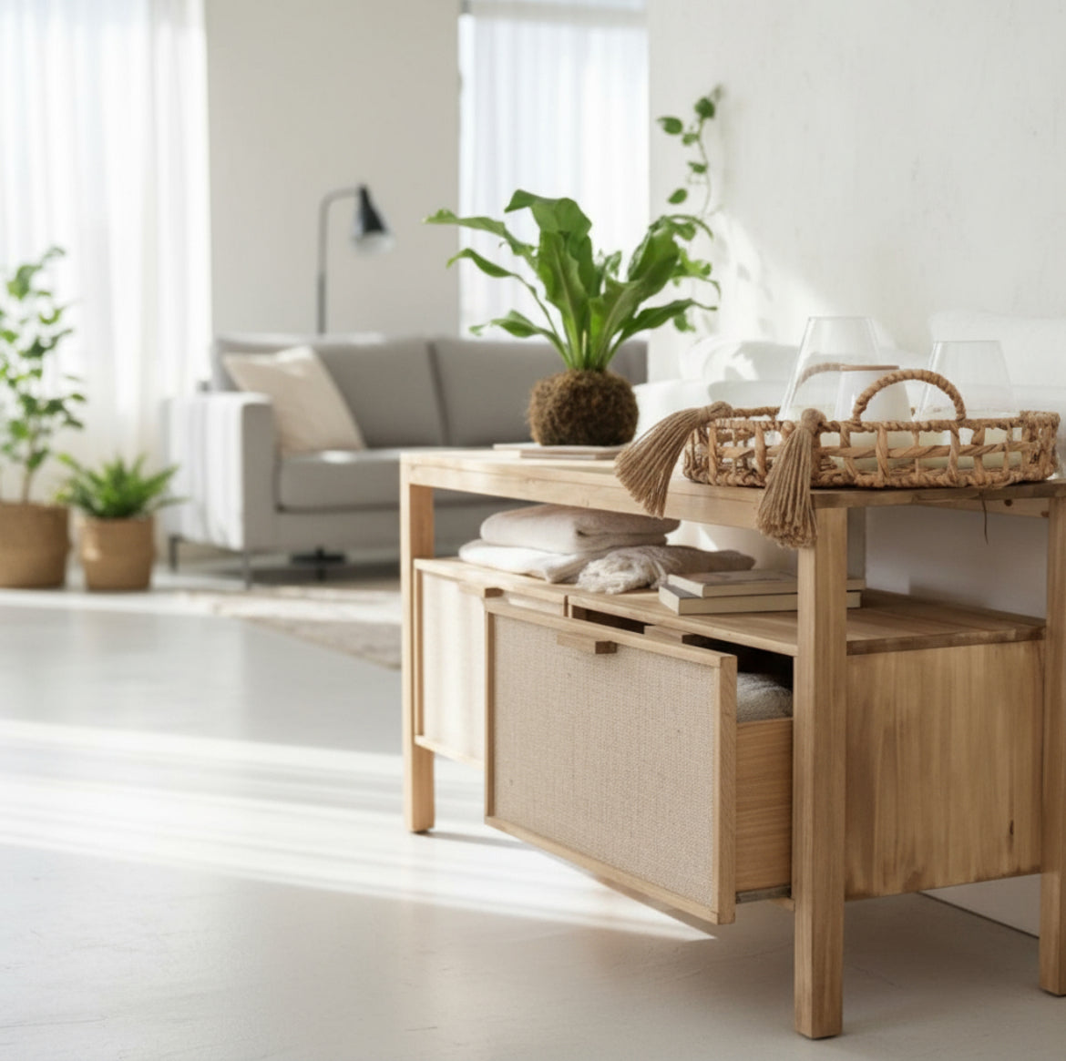 Mueble Rack para TV en Madera Álamo Macizo Fibra Natural