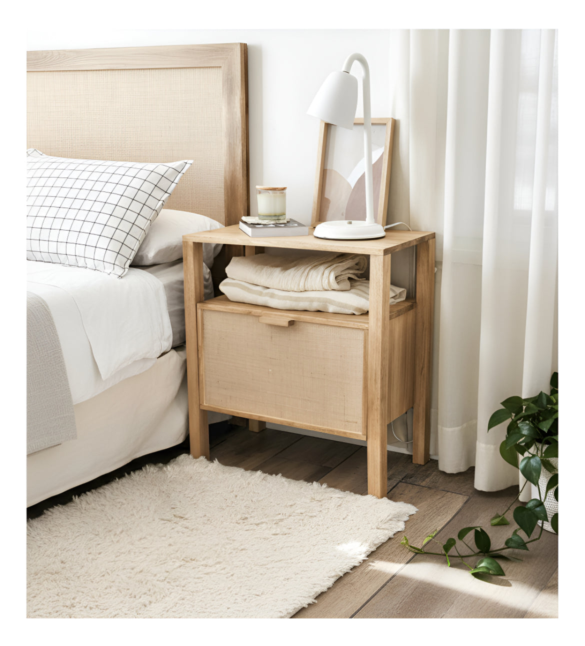 Mesa De Luz Madera Nordica Con Cajon de Fibra Natural