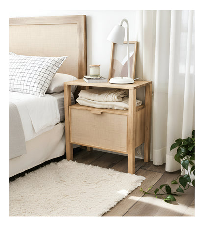 Mesa De Luz Madera Nordica Con Cajon de Fibra Natural