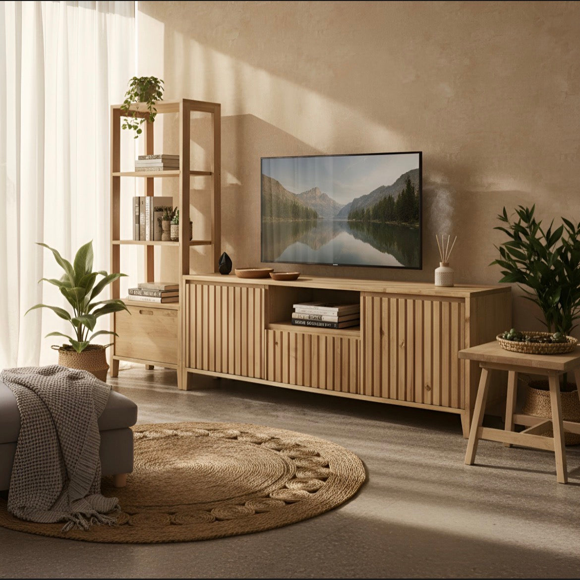 Mueble Tv Rack De Madera Varillado 2 Puertas Estante Y Cajon