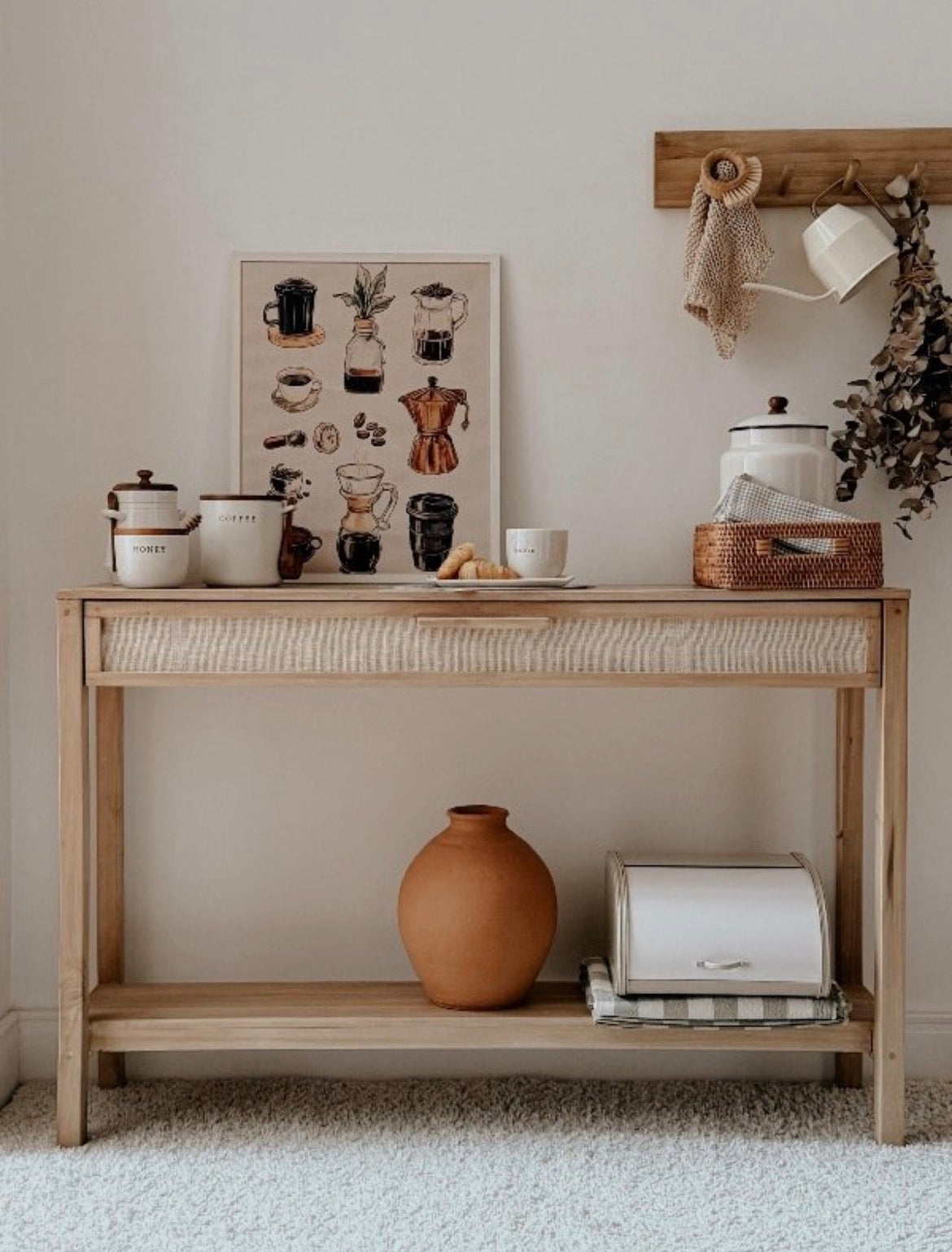 Recibidor Madera Maciza Cajon Fibra Natural Con Estante