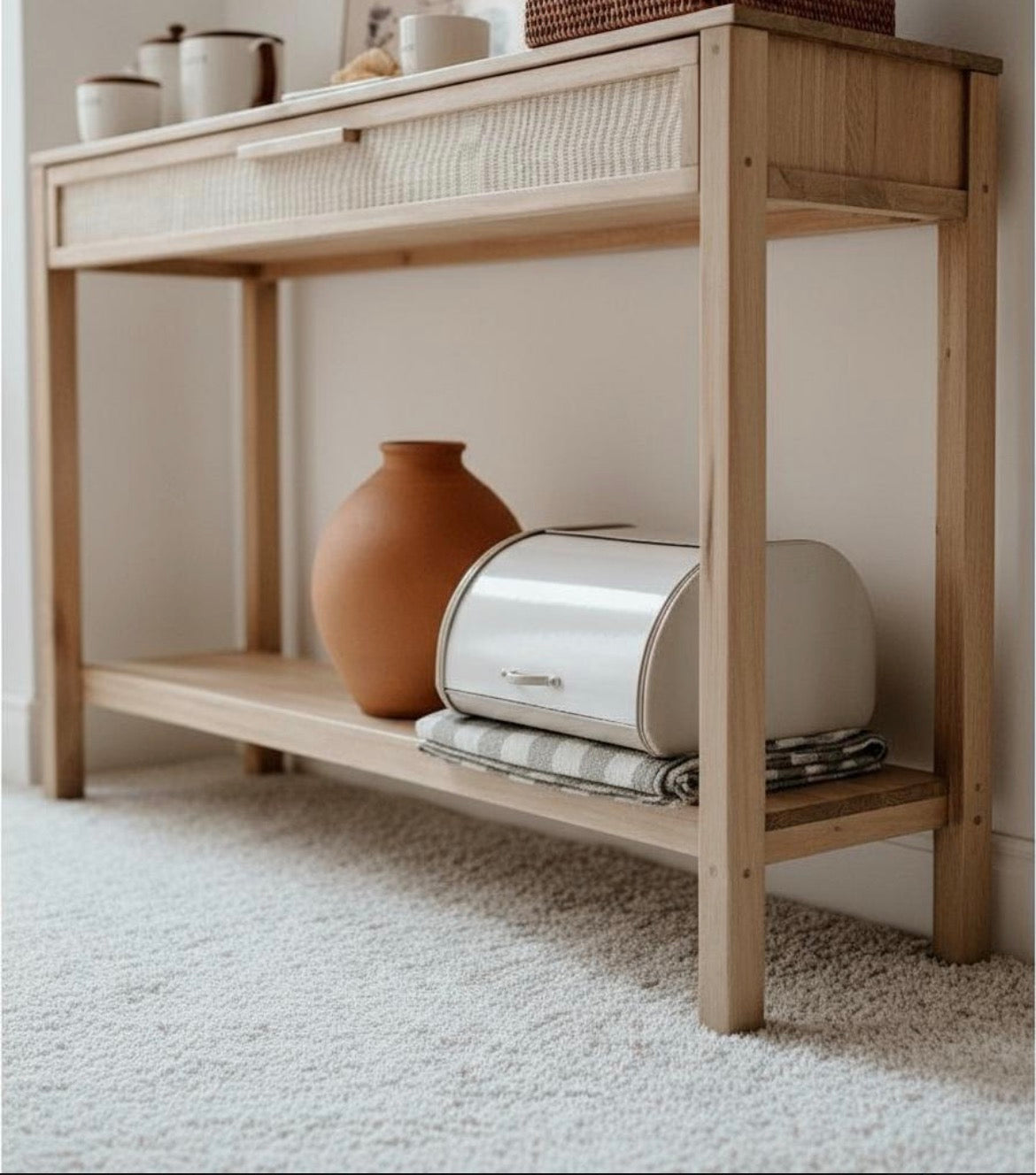 Recibidor Madera Maciza Cajon Fibra Natural Con Estante