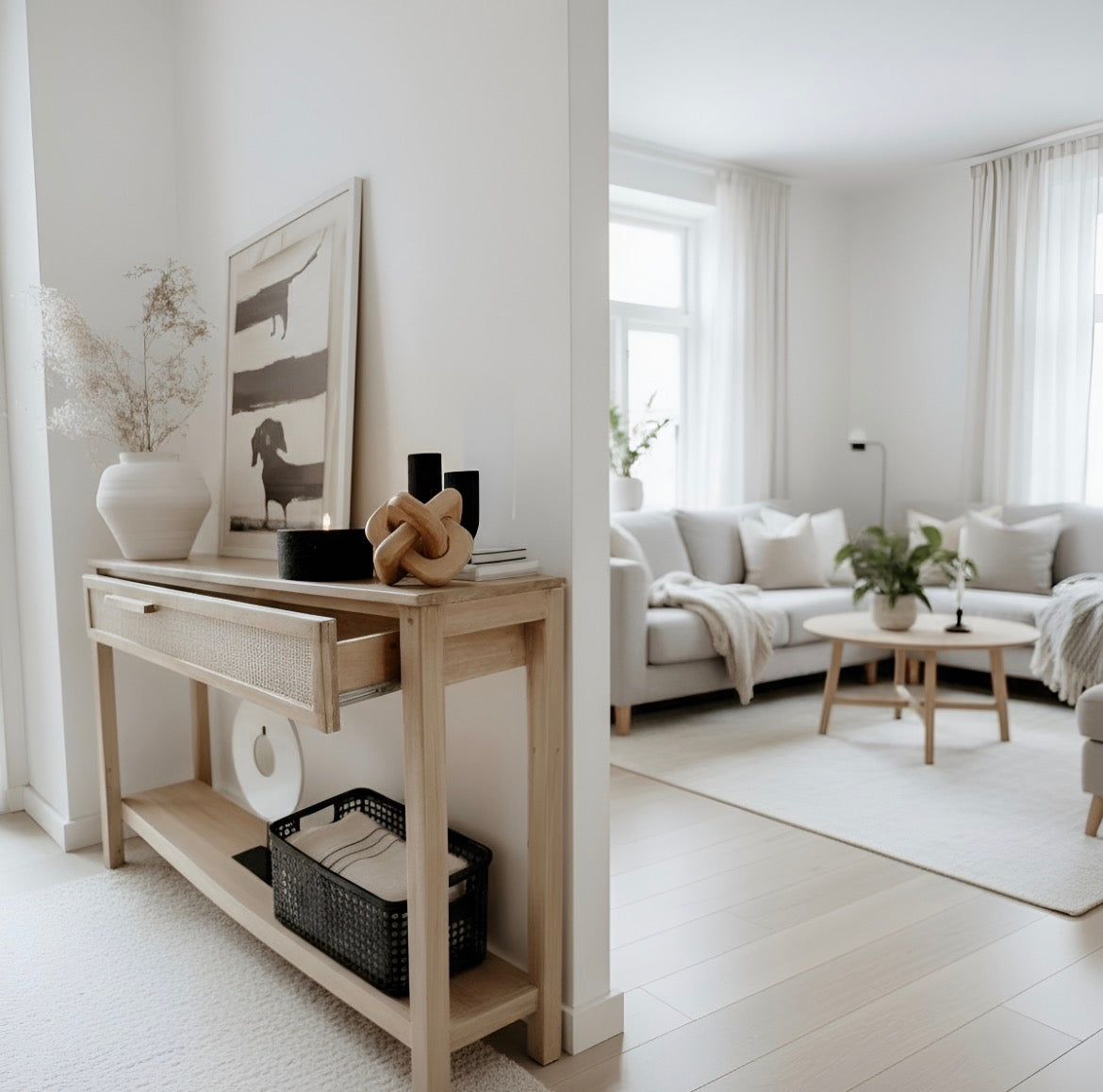 Recibidor Madera Maciza Cajon Fibra Natural Con Estante