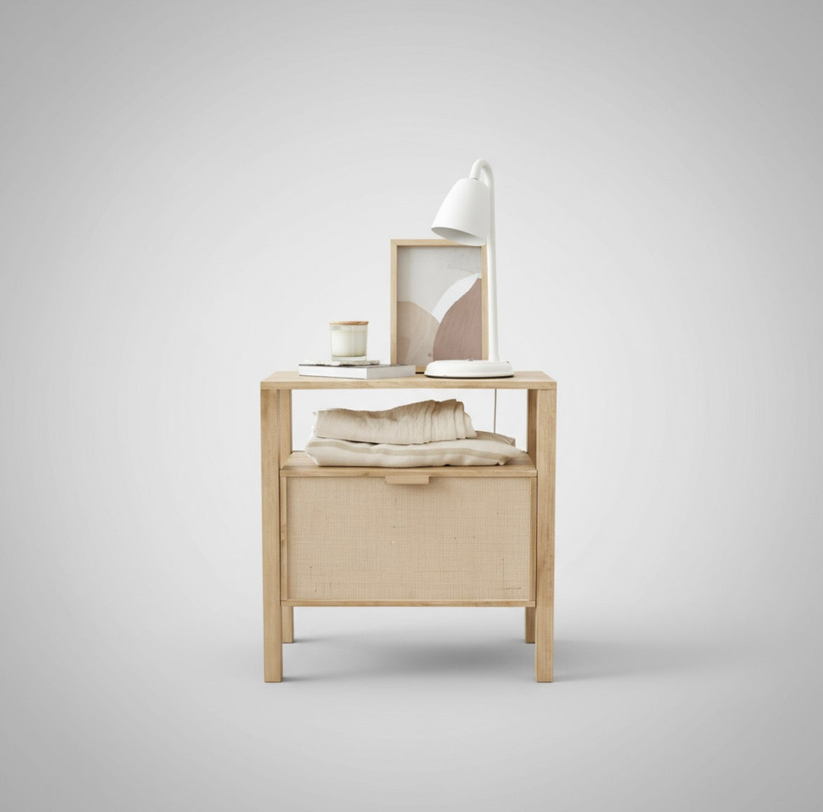 Mesa De Luz Madera Nordica Con Cajon de Fibra Natural