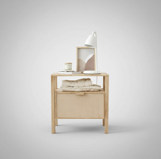 Mesa De Luz Madera Nordica Con Cajon de Fibra Natural