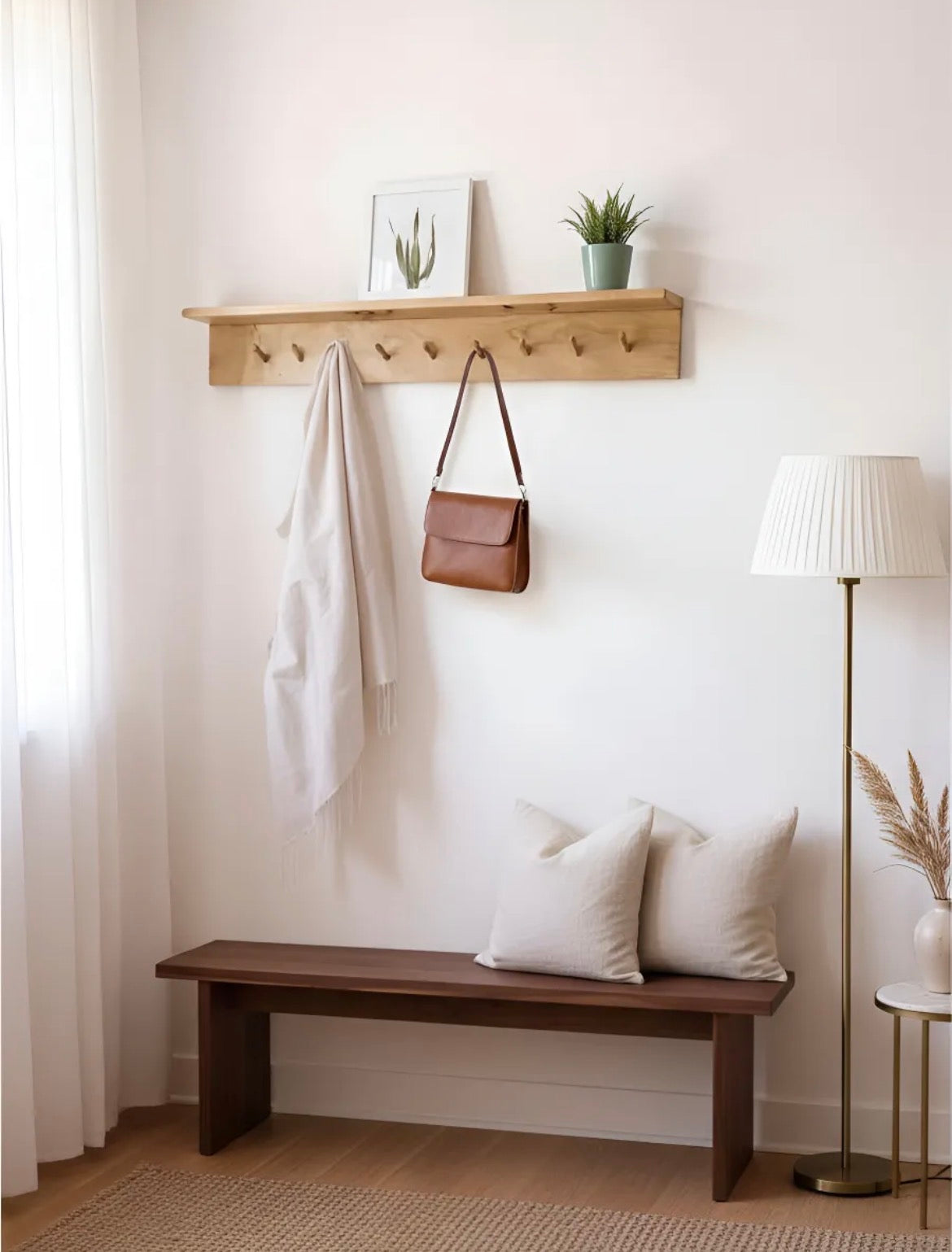 Perchero Pared Madera Nordico Con Estante Repisa